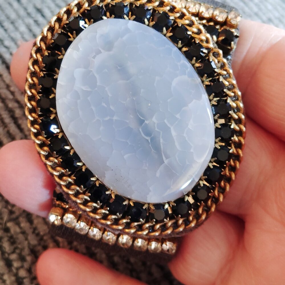 Vintage Brass Cuff Bracelet Blue Lace Agate Leather Backing Fabric Wrap
